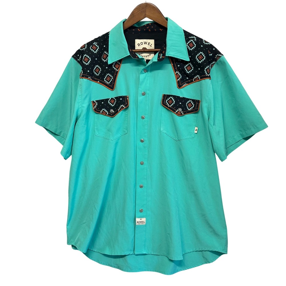 Rowel Mens Size XL Short Sleeve Pearl Snap Shirt Turquoise Western Stretch Rodeo